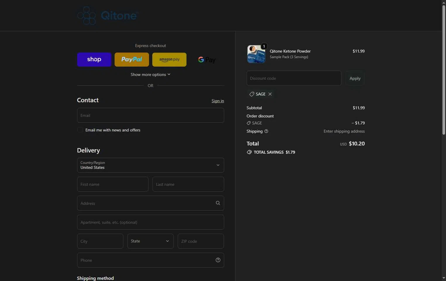 Qitone checkout page showing Qitone promo code box | Screenshot taken by SimplyCodes community member on Nov 10, 2025