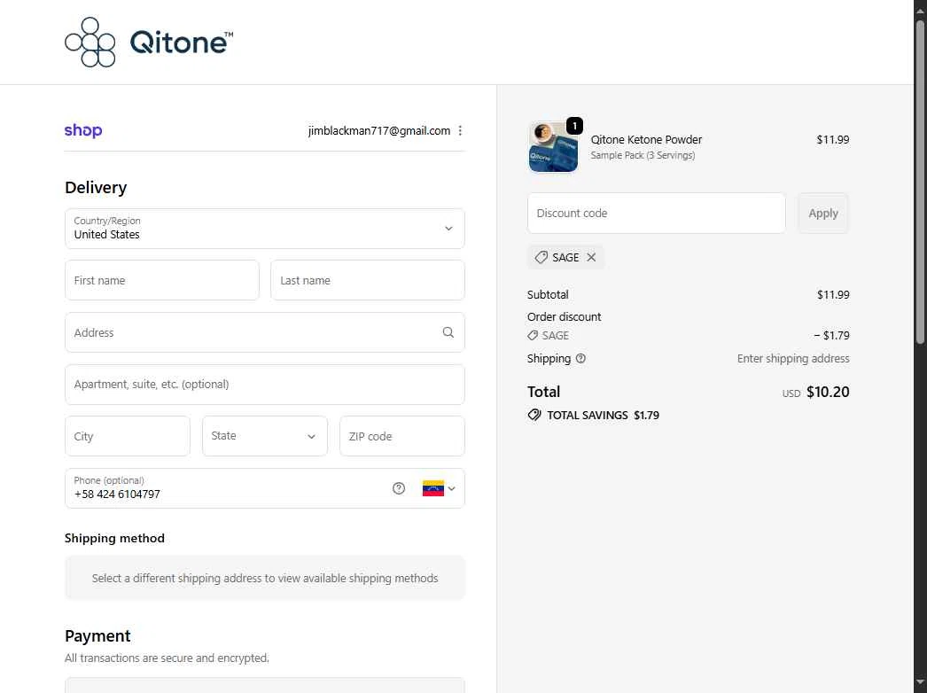 Qitone checkout page showing Qitone promo code box | Screenshot taken by SimplyCodes community member on Oct 12, 2025