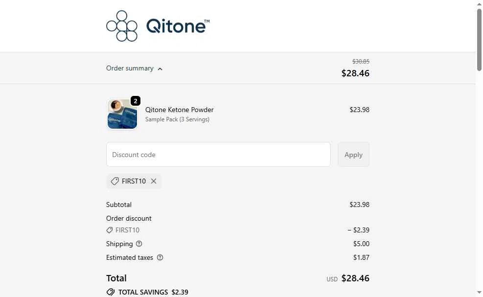 Qitone checkout page showing Qitone promo code box | Screenshot taken by SimplyCodes community member on Nov 26, 2025