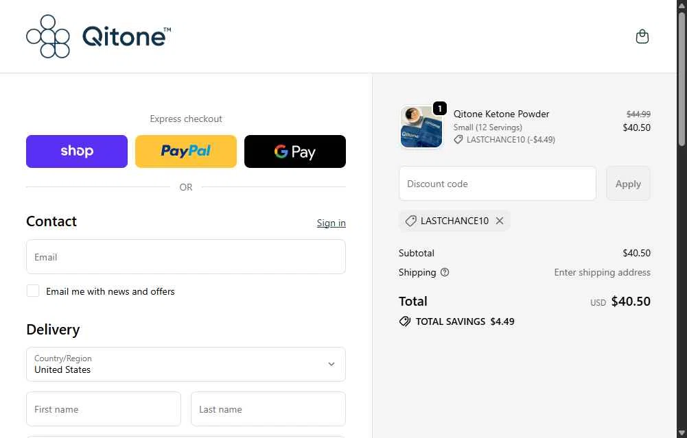 Qitone checkout page showing Qitone promo code box | Screenshot taken by SimplyCodes community member on Dec 23, 2025