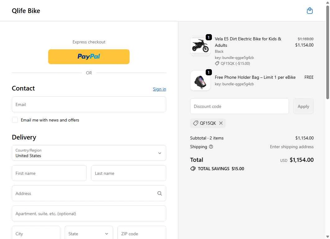 Qlife Bike checkout page showing Qlife Bike promo code box | Screenshot taken by SimplyCodes community member on Jan 11, 2026