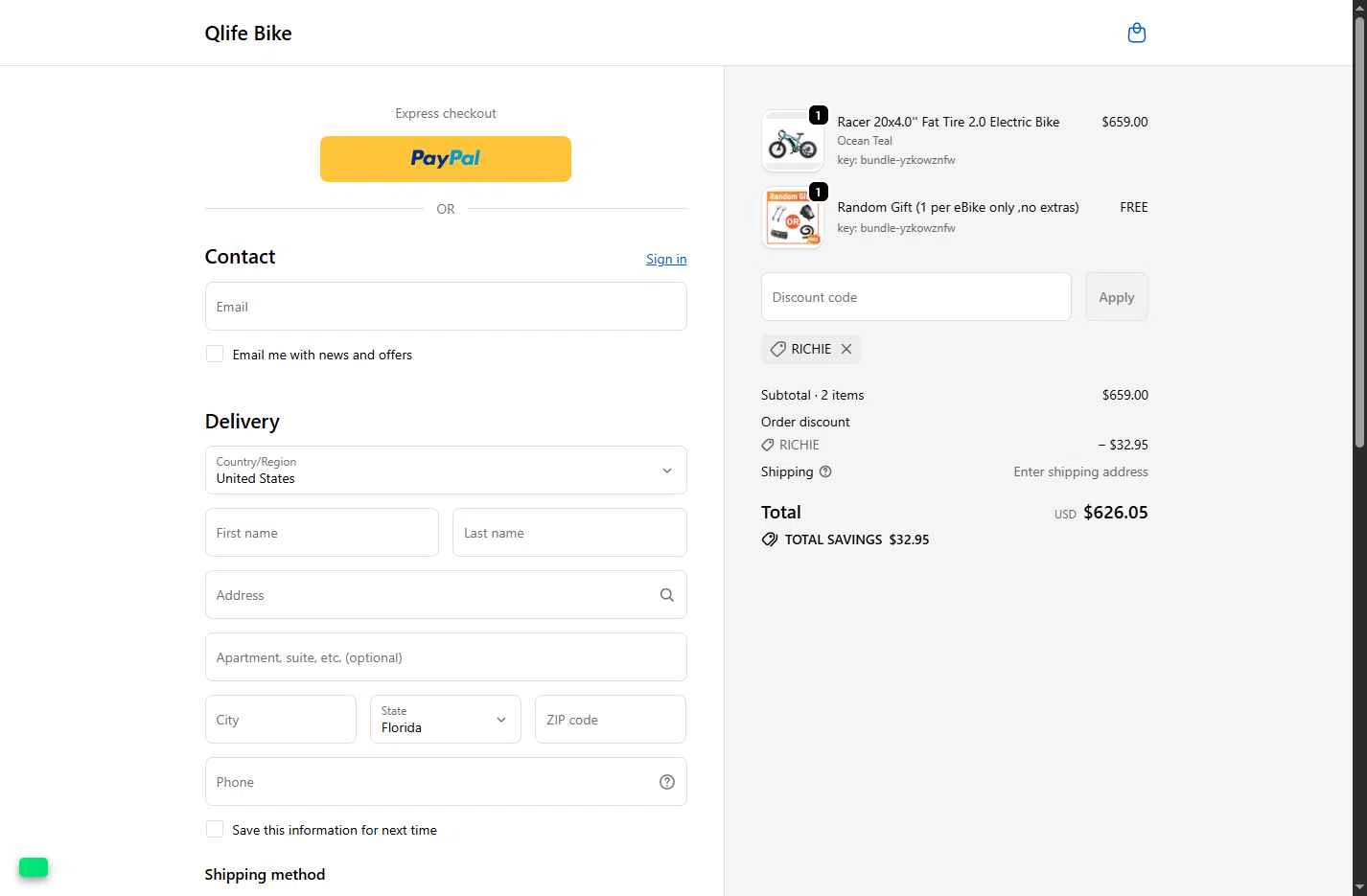 Qlife Bike checkout page showing Qlife Bike promo code box | Screenshot taken by SimplyCodes community member on Dec 12, 2025