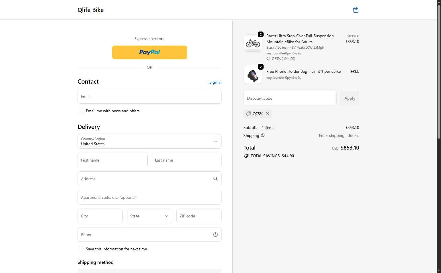 Qlife Bike checkout page showing Qlife Bike promo code box | Screenshot taken by SimplyCodes community member on Dec 27, 2025