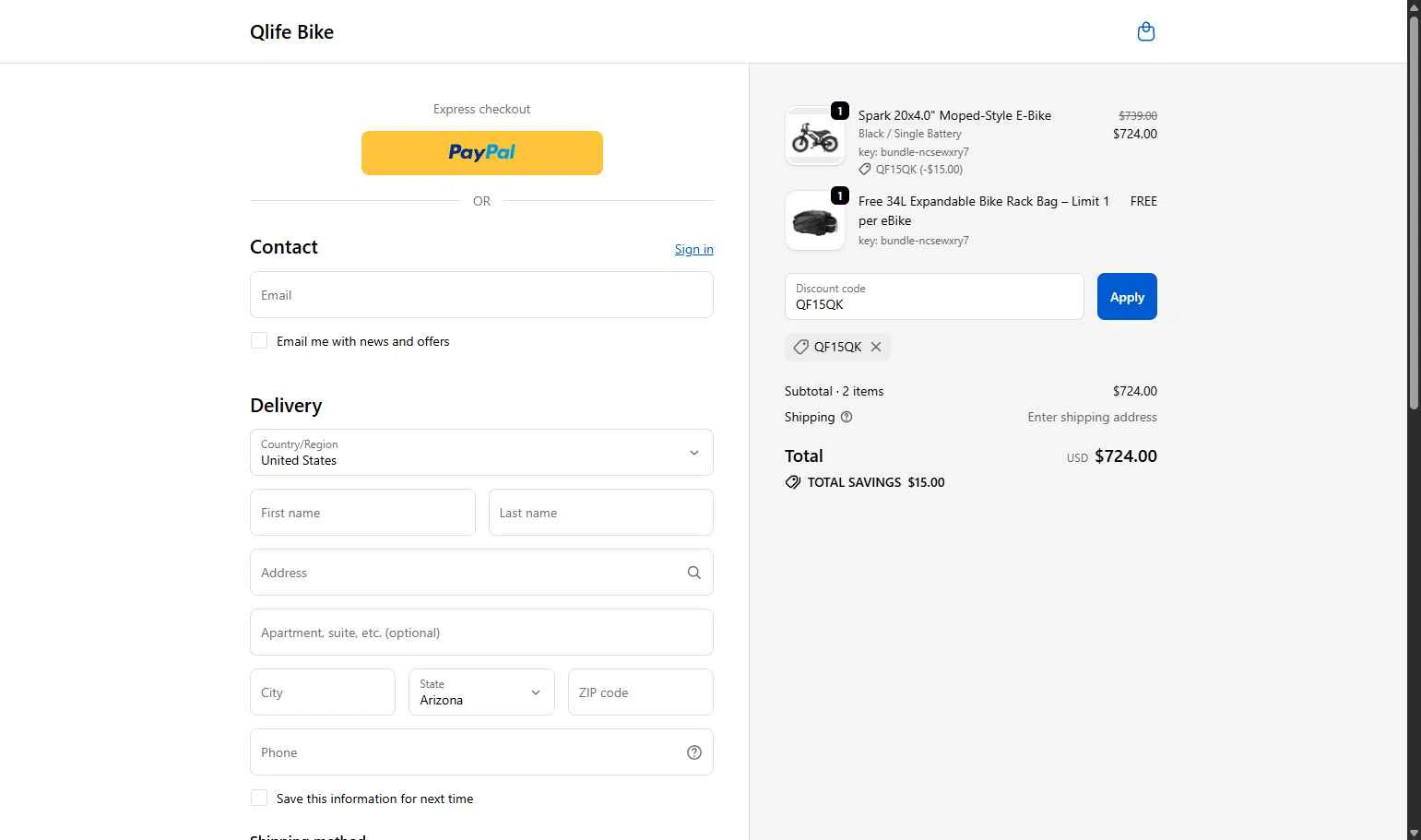 Qlife Bike checkout page showing Qlife Bike promo code box | Screenshot taken by SimplyCodes community member on Nov 22, 2025