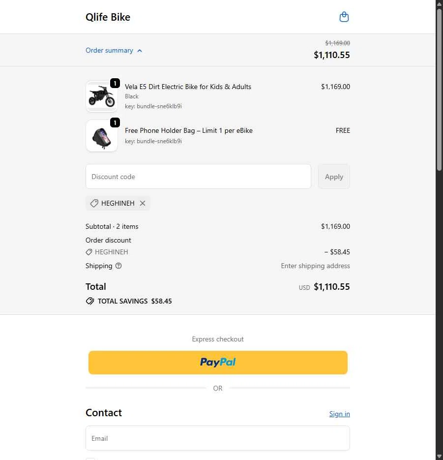 Qlife Bike checkout page showing Qlife Bike promo code box | Screenshot taken by SimplyCodes community member on Dec 27, 2025