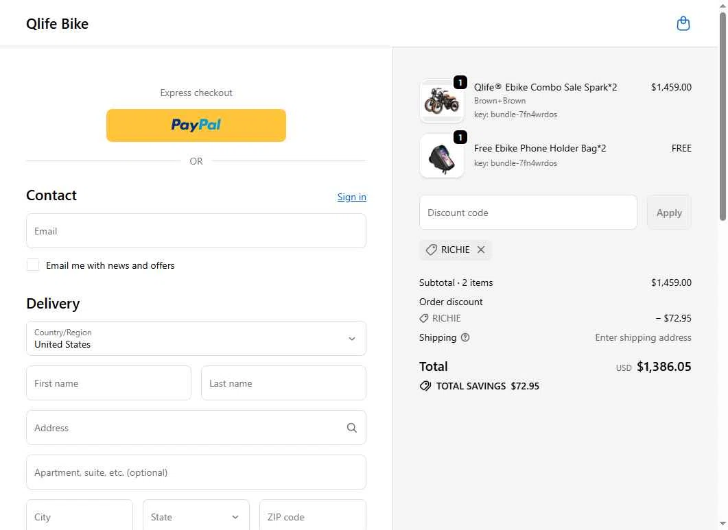Qlife Bike checkout page showing Qlife Bike promo code box | Screenshot taken by SimplyCodes community member on Jan 10, 2026
