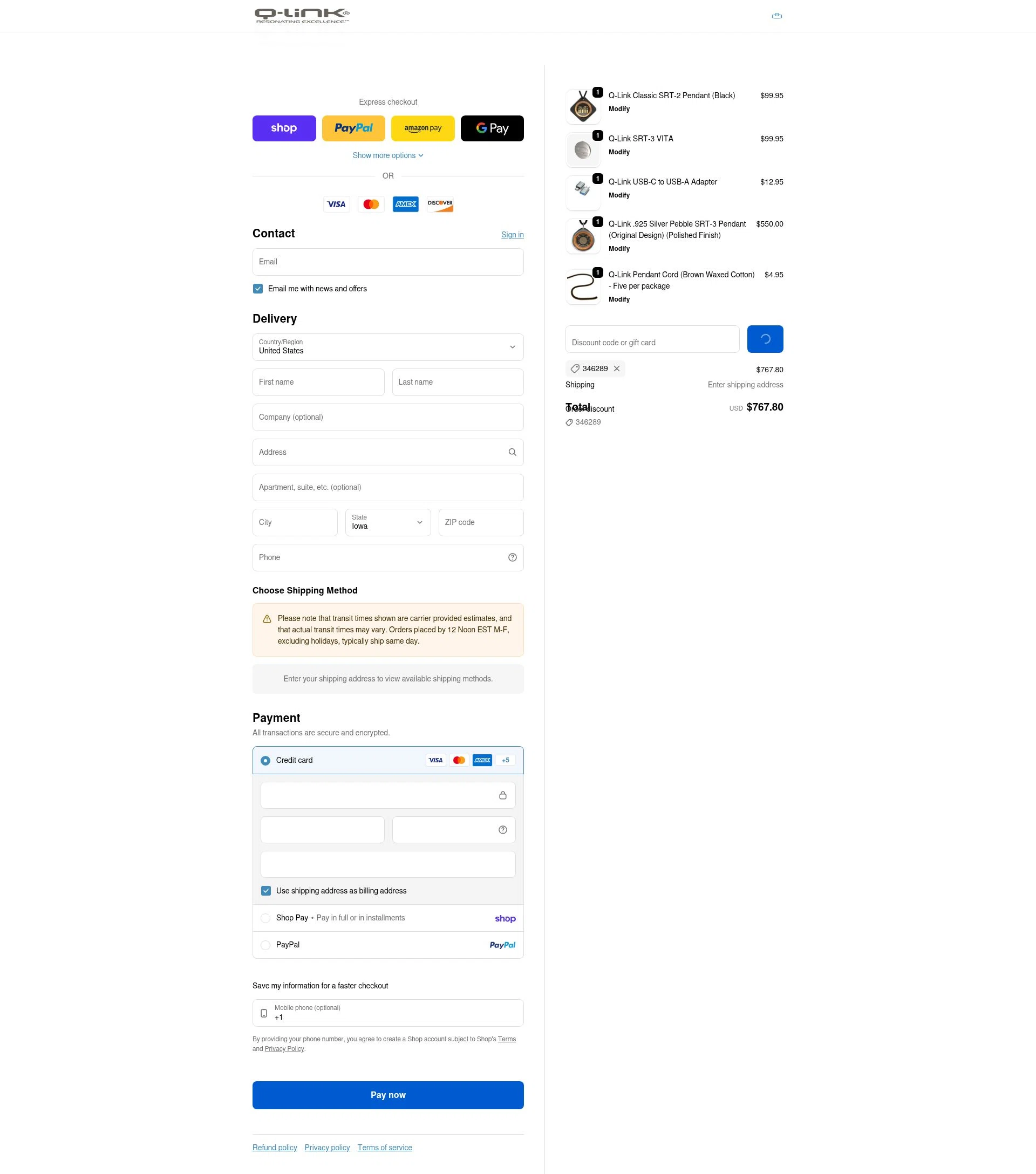 Q-Link Products checkout page showing Q-Link Products promo code box | Screenshot taken by SimplyCodes community member on Feb 8, 2026