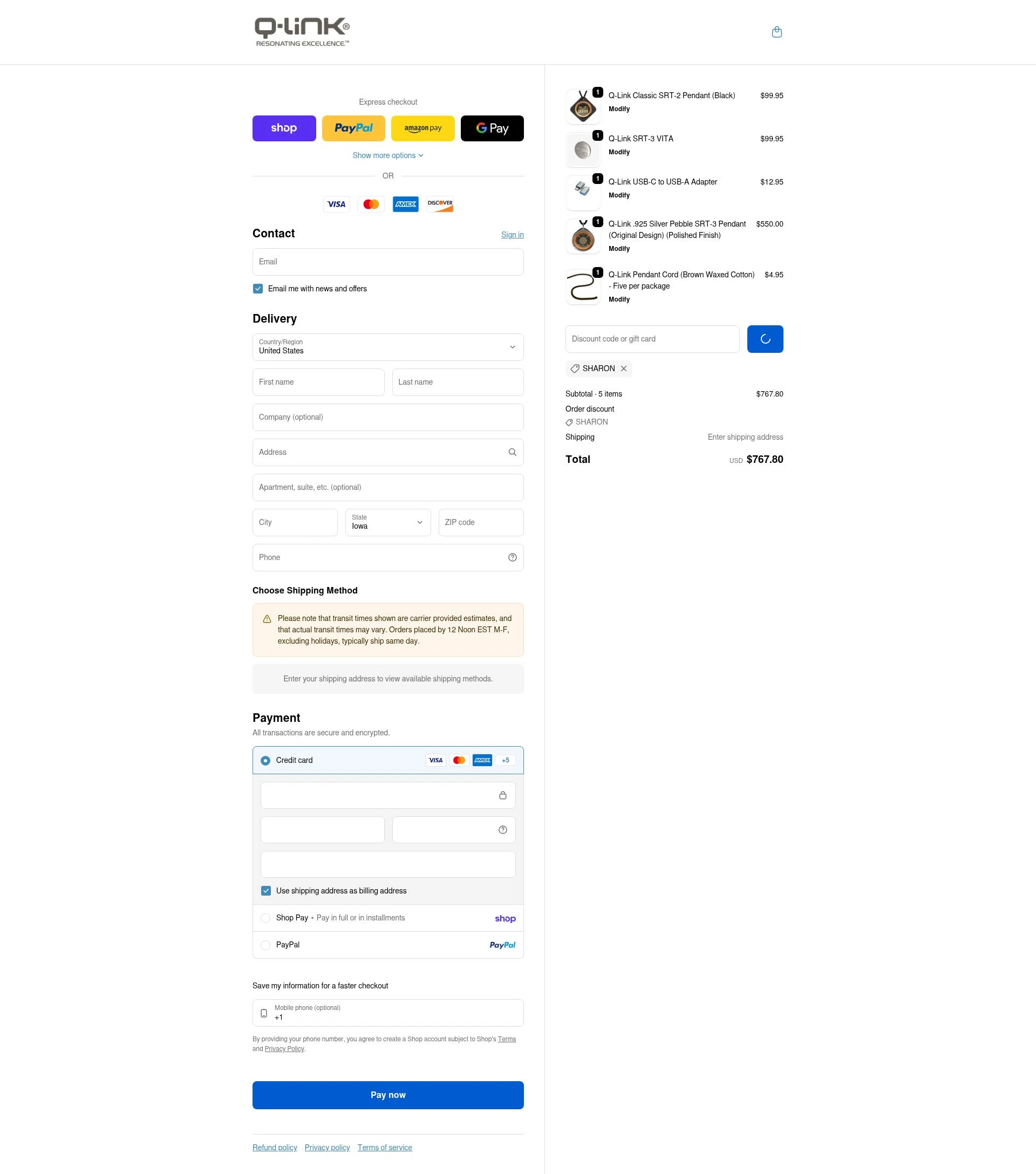 Q-Link Products checkout page showing Q-Link Products promo code box | Screenshot taken by SimplyCodes community member on Feb 8, 2026