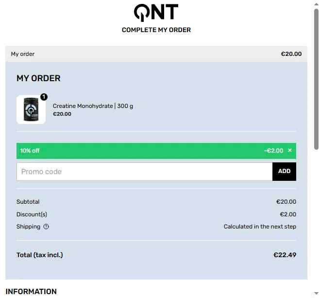 QNT Sport checkout page showing QNT Sport promo code box | Screenshot taken by SimplyCodes community member on Aug 8, 2025