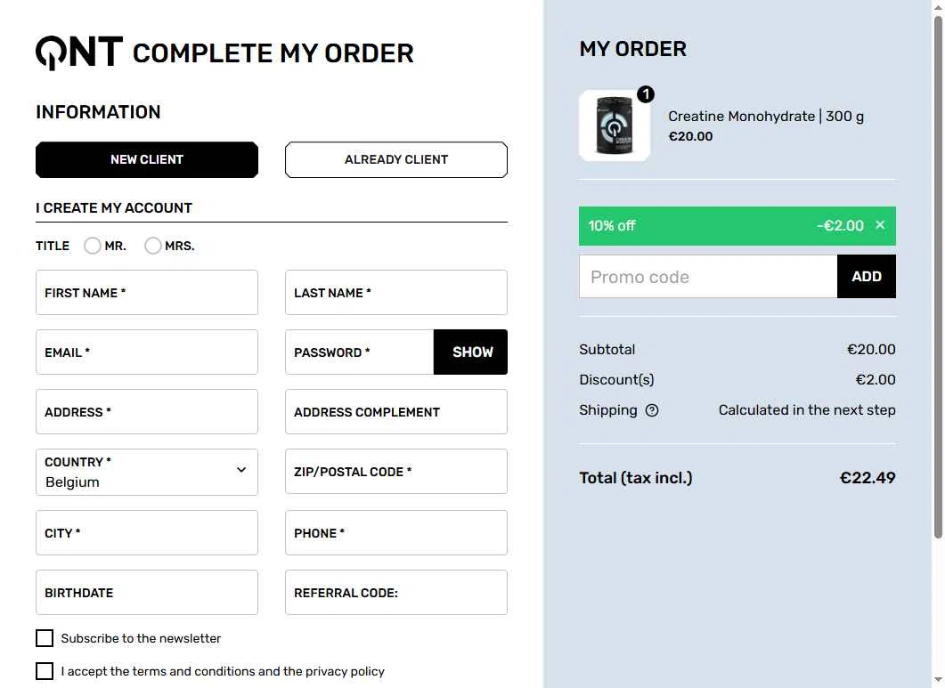 QNT Sport checkout page showing QNT Sport promo code box | Screenshot taken by SimplyCodes community member on Sep 18, 2025
