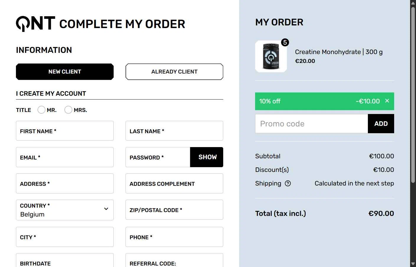 QNT Sport checkout page showing QNT Sport promo code box | Screenshot taken by SimplyCodes community member on Oct 10, 2025