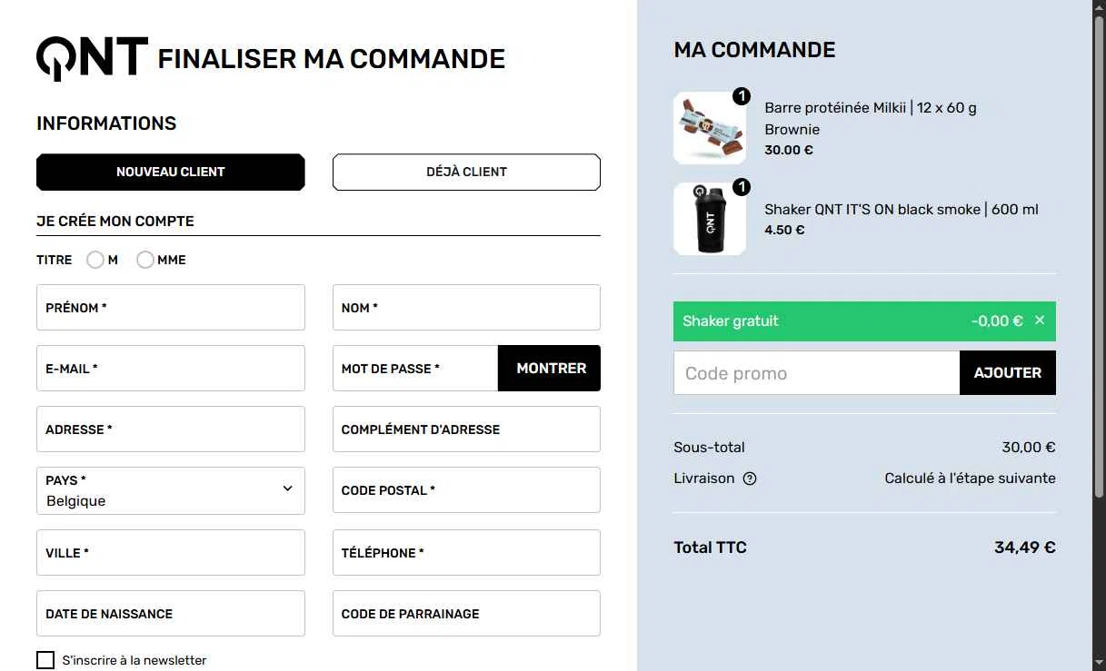 QNT Sport checkout page showing QNT Sport promo code box | Screenshot taken by SimplyCodes community member on Aug 7, 2025