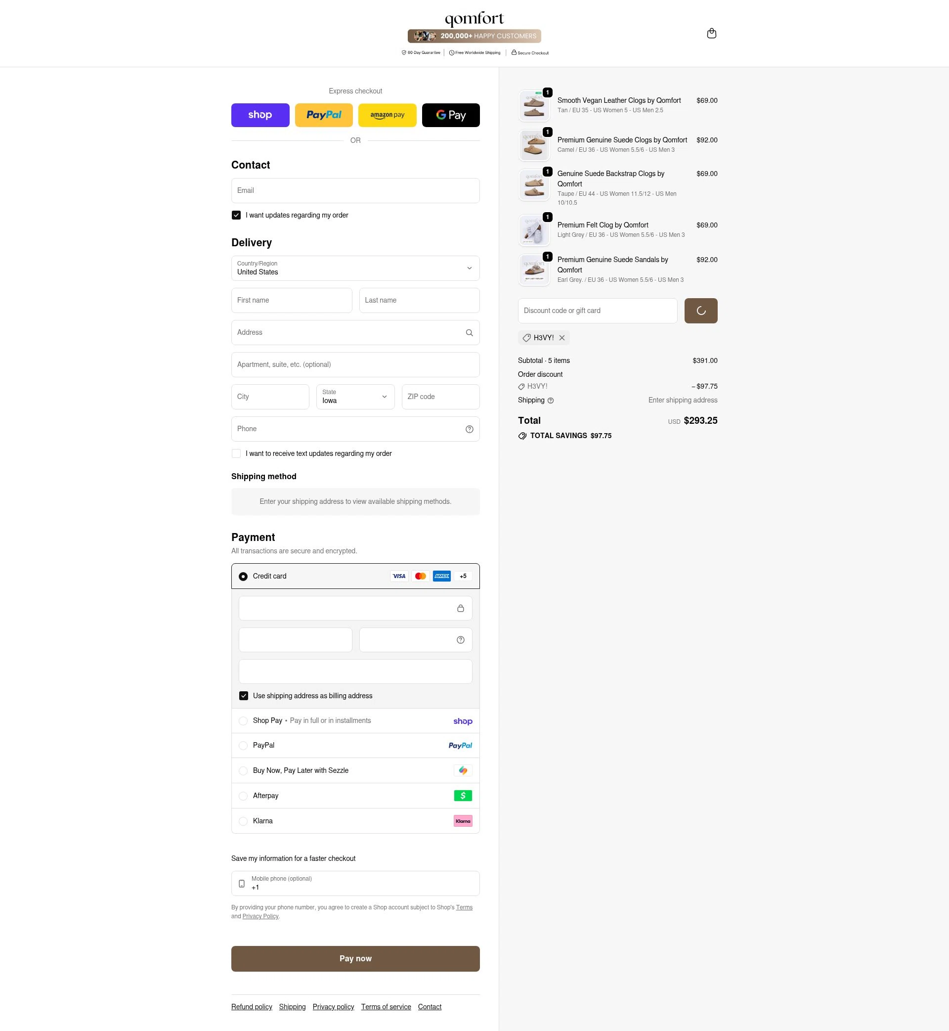 Qomfort checkout page showing Qomfort discount code box | Screenshot taken by SimplyCodes community member on Feb 11, 2026