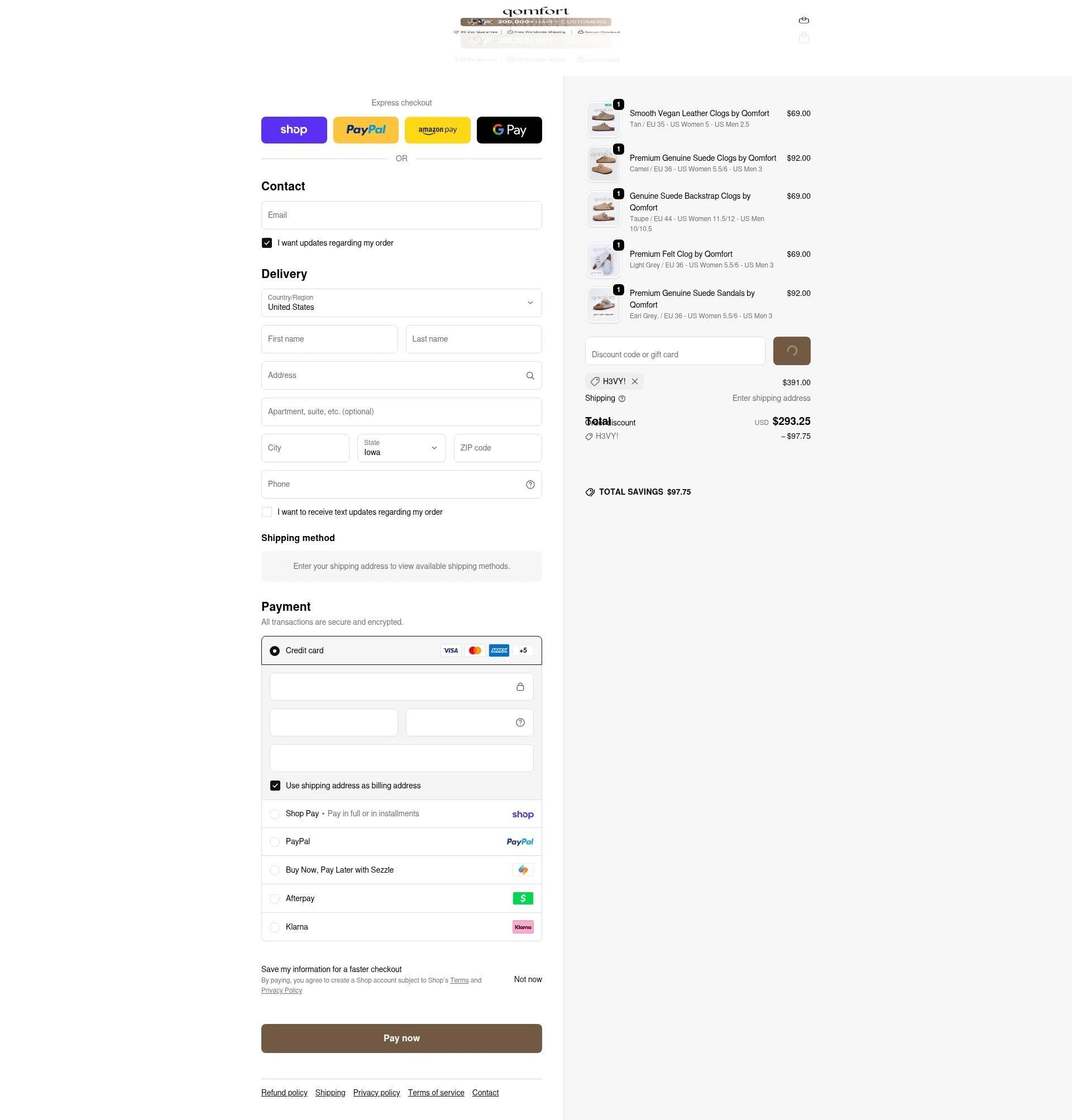 Qomfort checkout page showing Qomfort discount code box | Screenshot taken by SimplyCodes community member on Feb 14, 2026