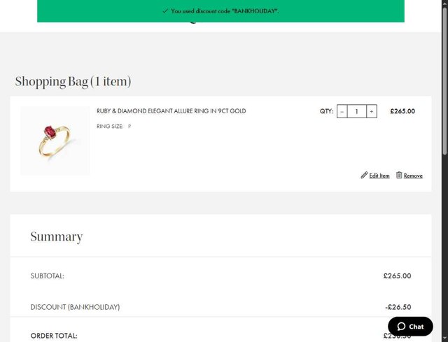 QP Jewellers checkout page showing QP Jewellers discount code box | Screenshot taken by SimplyCodes community member on Aug 18, 2025