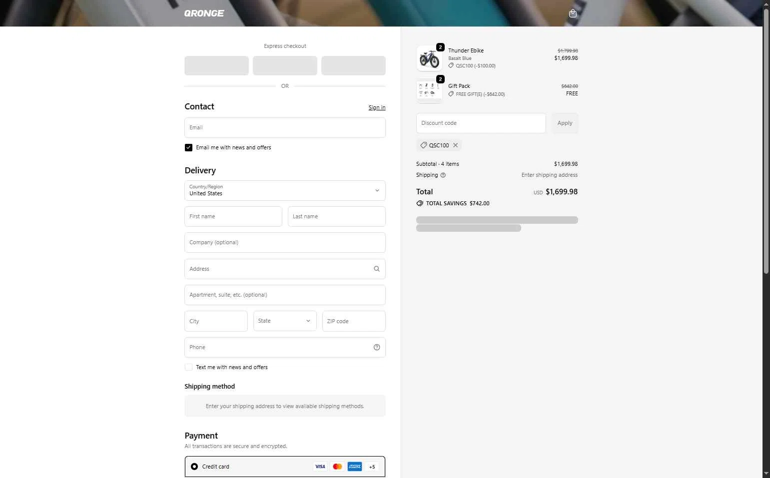Qronge checkout page showing Qronge promo code box | Screenshot taken by SimplyCodes community member on Oct 9, 2025
