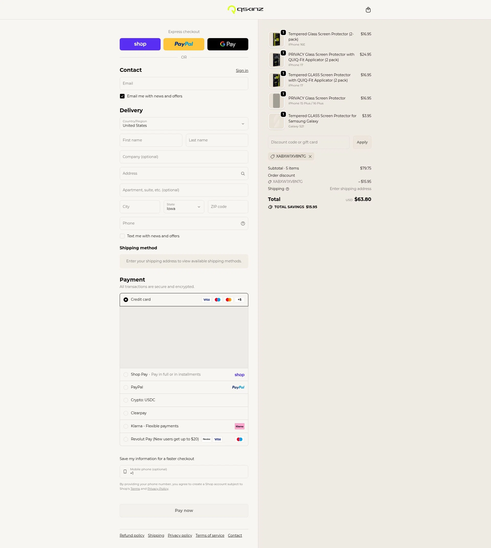 Qskinz checkout page showing Qskinz discount code box | Screenshot taken by SimplyCodes community member on Feb 17, 2026