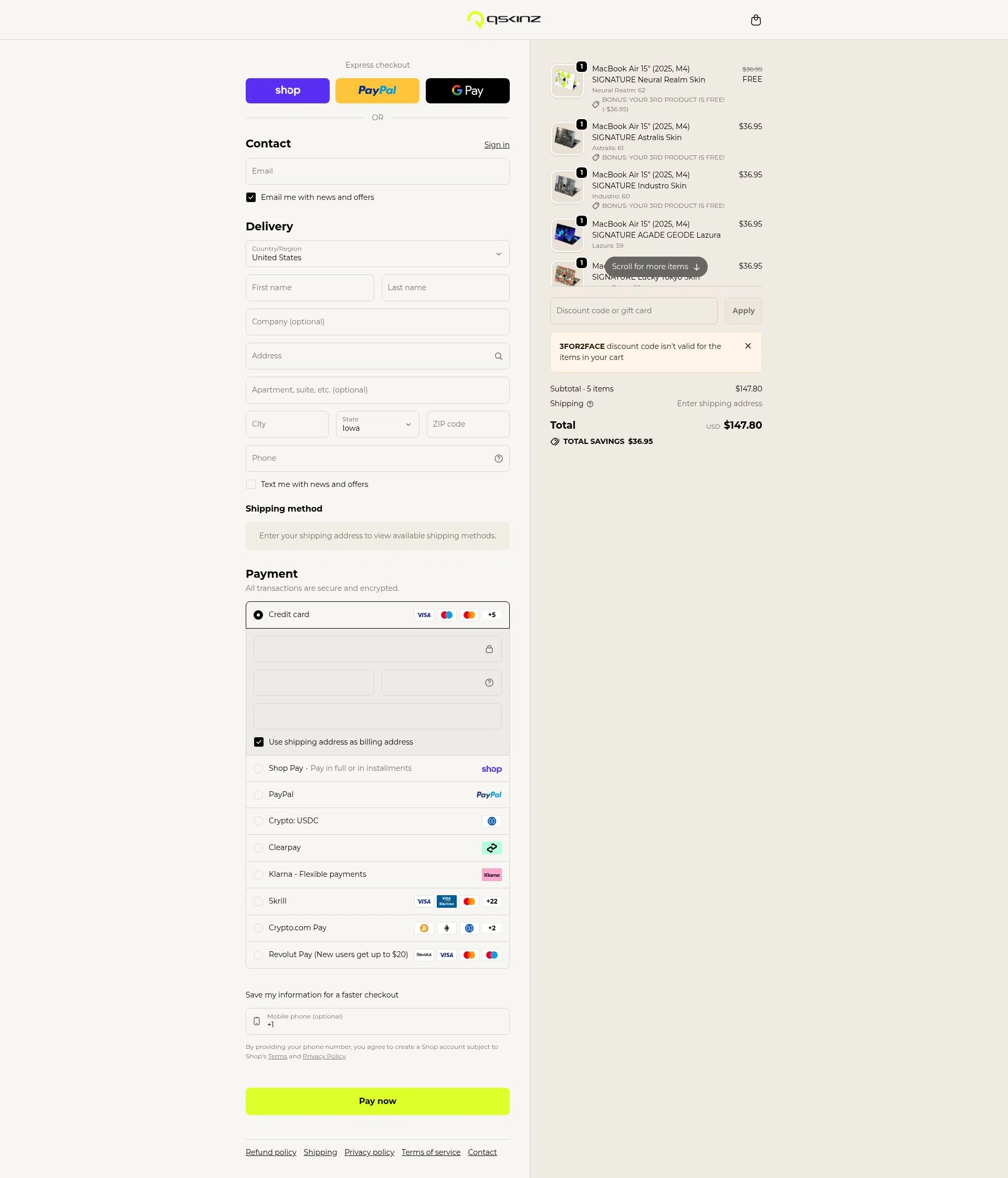 Qskinz checkout page showing Qskinz discount code box | Screenshot taken by SimplyCodes community member on Jan 31, 2026