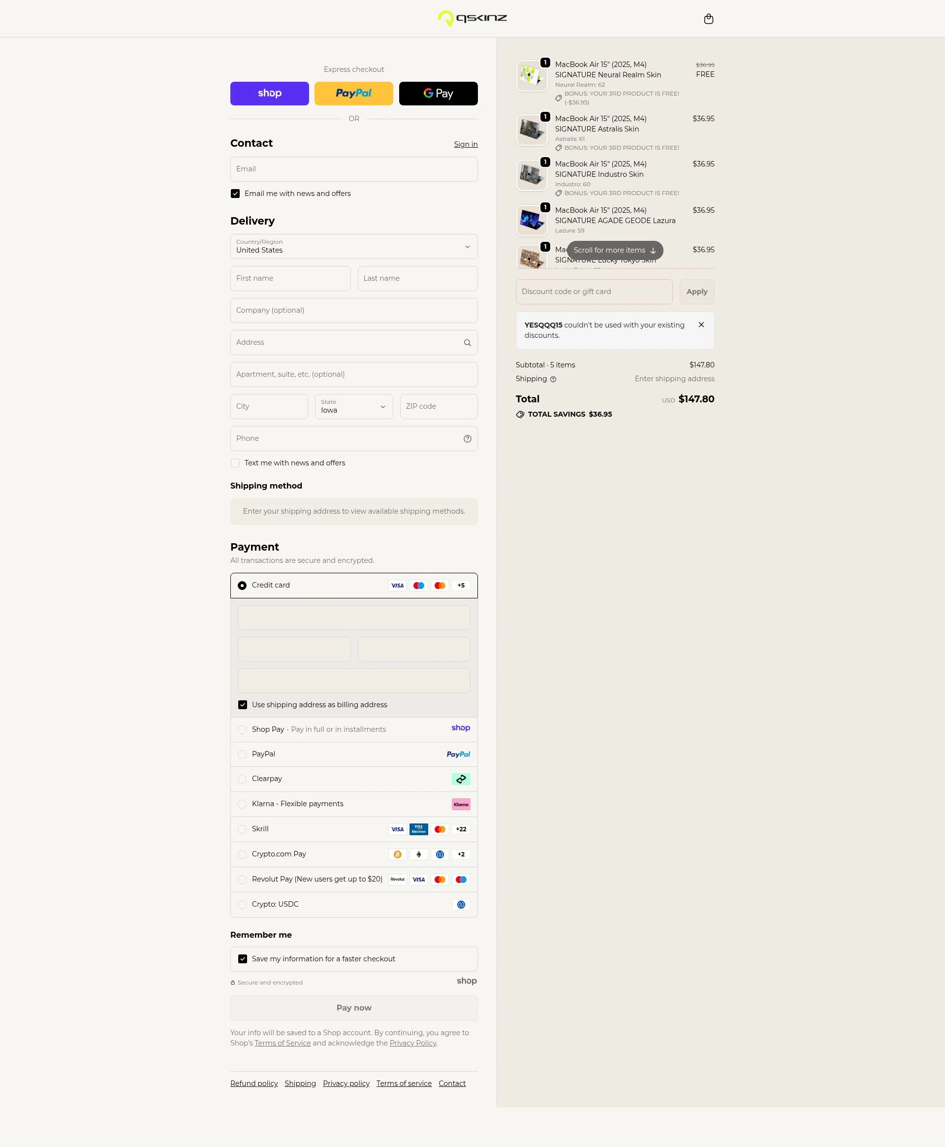 Qskinz checkout page showing Qskinz discount code box | Screenshot taken by SimplyCodes community member on Jan 2, 2026