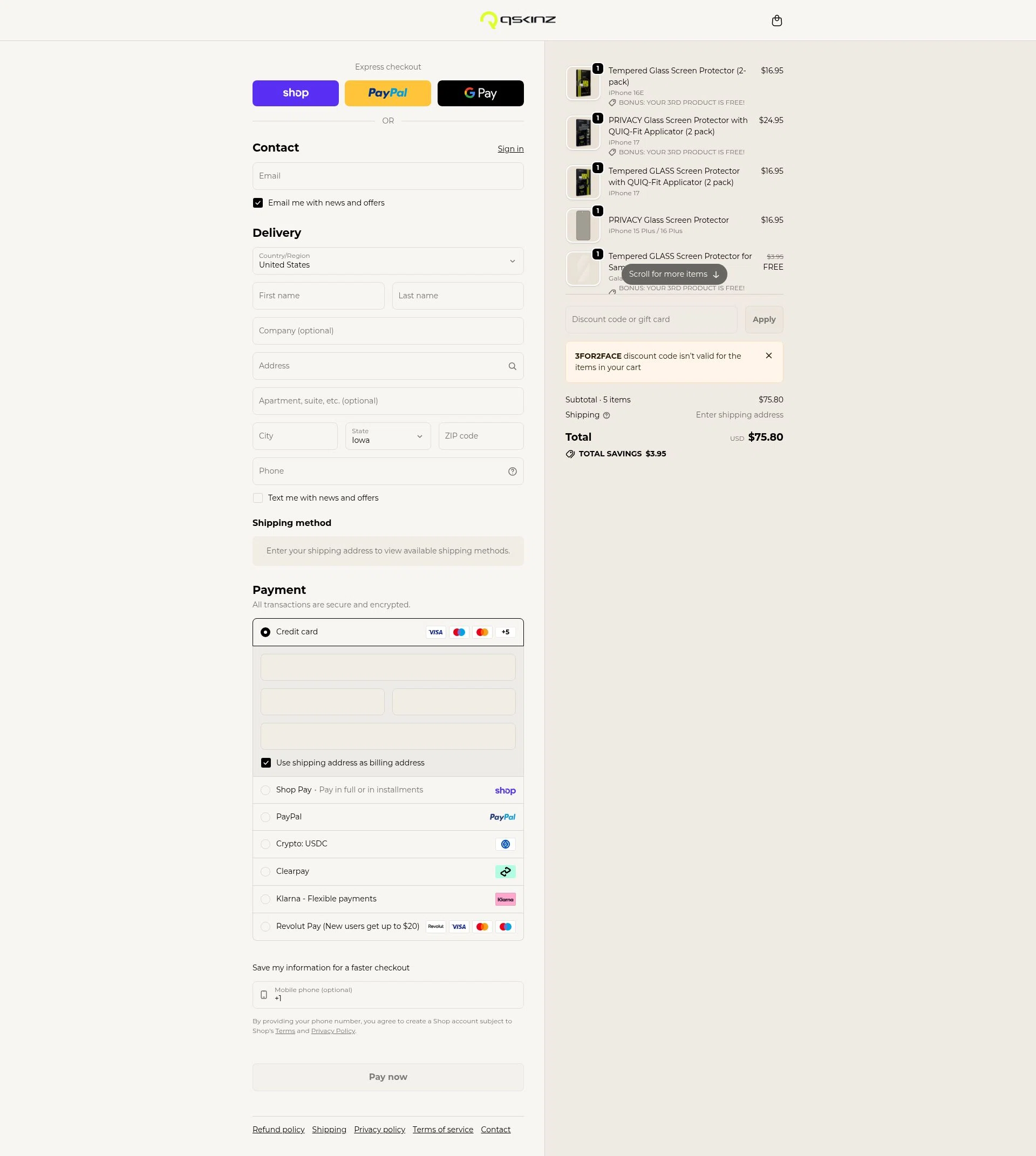 Qskinz checkout page showing Qskinz discount code box | Screenshot taken by SimplyCodes community member on Feb 17, 2026
