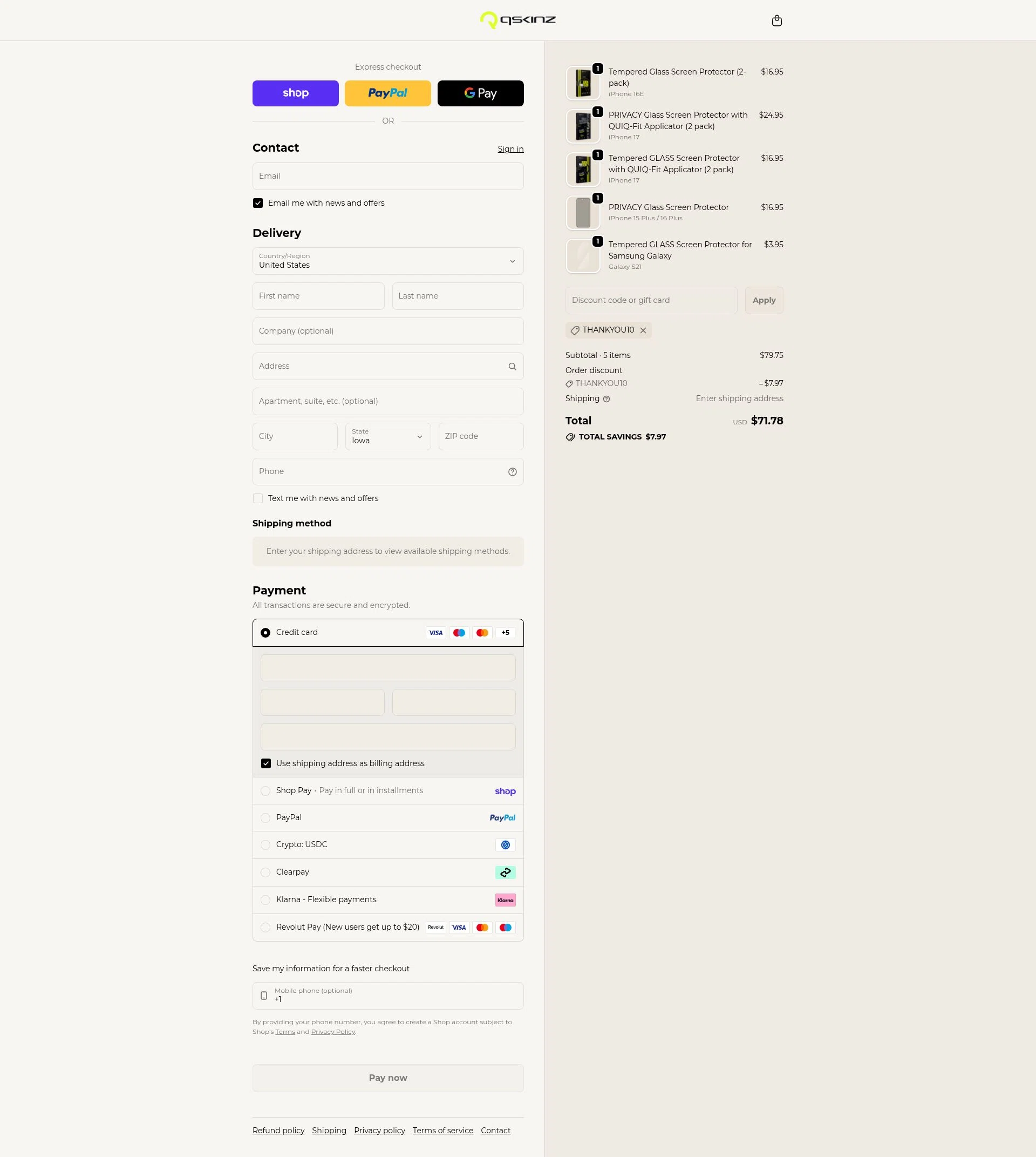 Qskinz checkout page showing Qskinz discount code box | Screenshot taken by SimplyCodes community member on Feb 17, 2026