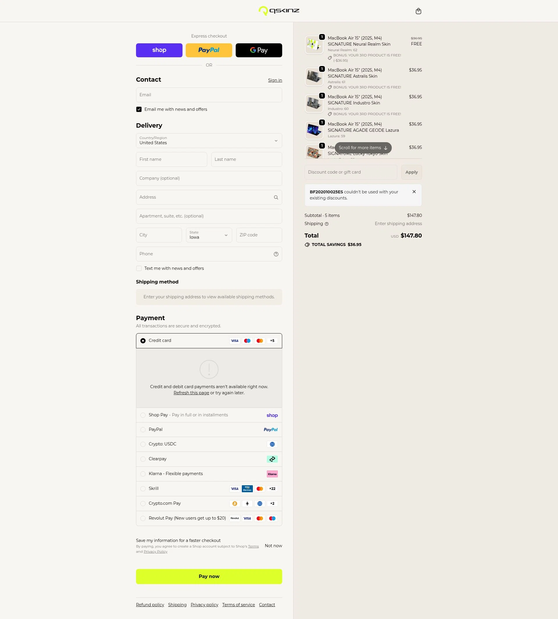 Qskinz checkout page showing Qskinz discount code box | Screenshot taken by SimplyCodes community member on Feb 14, 2026
