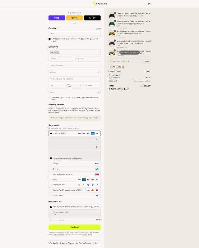 Qskinz checkout page showing Qskinz discount code box | Screenshot taken by SimplyCodes community member on Sep 3, 2025