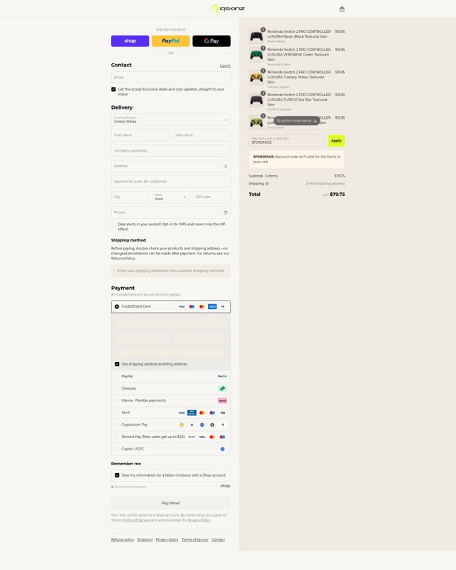 Qskinz checkout page showing Qskinz discount code box | Screenshot taken by SimplyCodes community member on Sep 3, 2025
