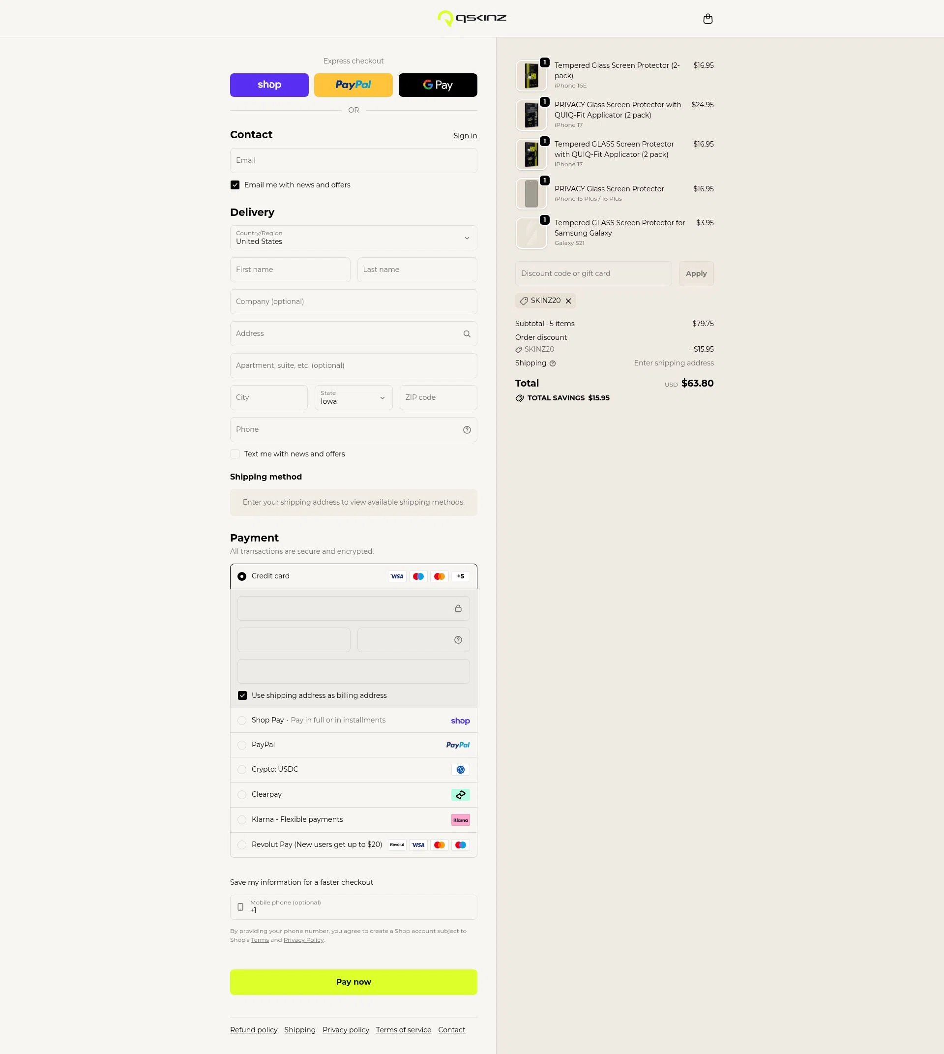 Qskinz checkout page showing Qskinz discount code box | Screenshot taken by SimplyCodes community member on Feb 17, 2026