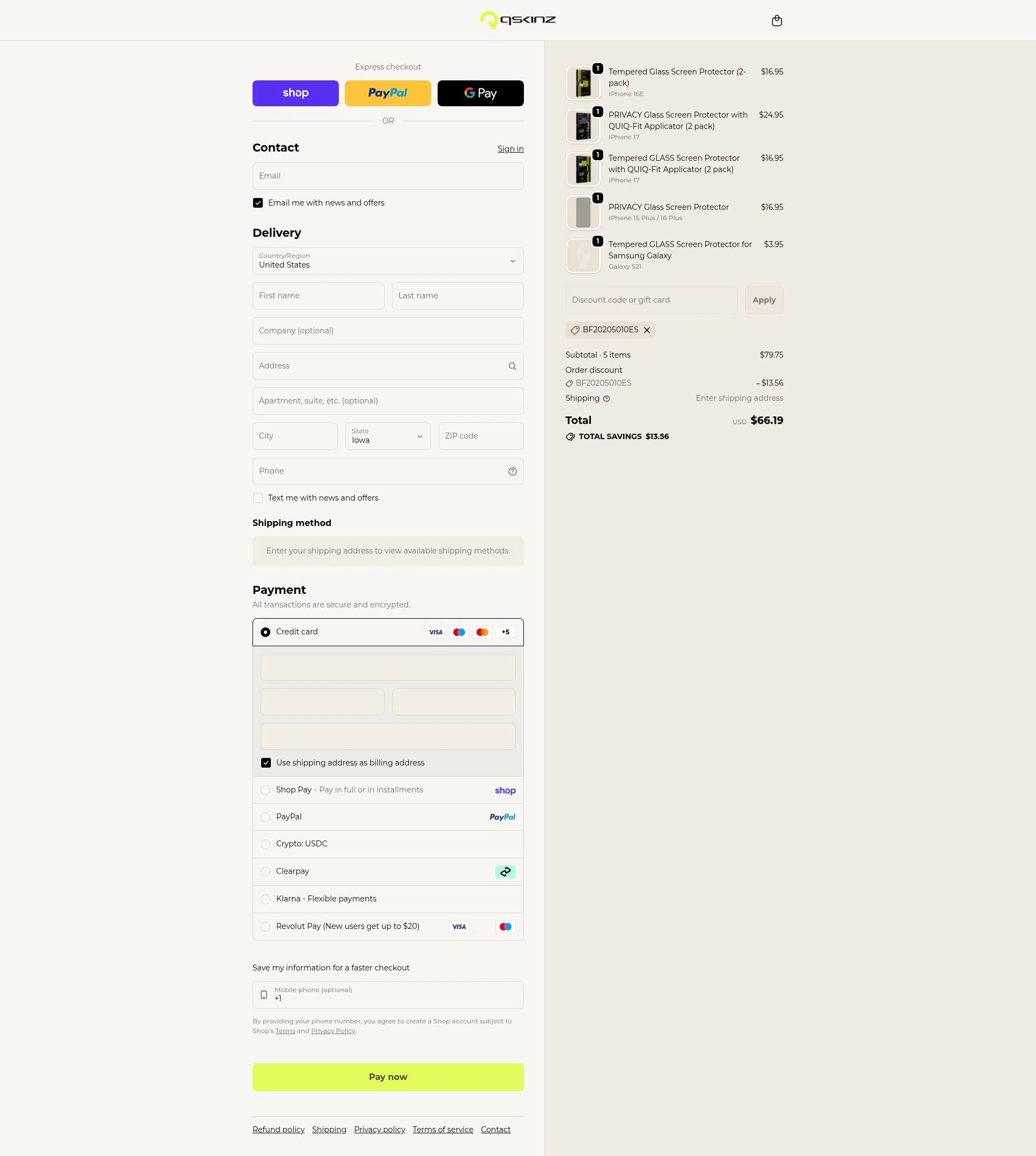 Qskinz checkout page showing Qskinz discount code box | Screenshot taken by SimplyCodes community member on Feb 17, 2026