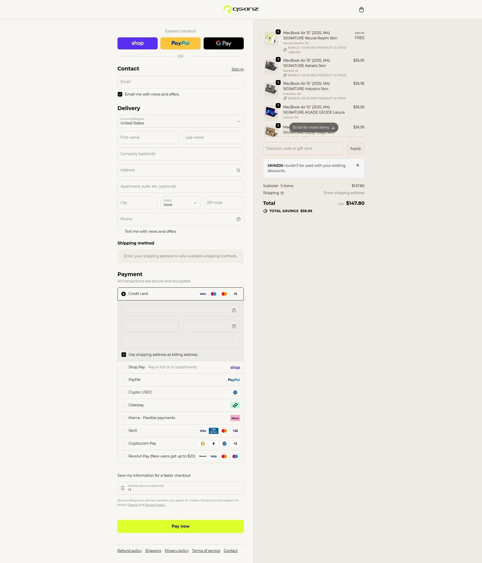 Qskinz checkout page showing Qskinz discount code box | Screenshot taken by SimplyCodes community member on Jan 31, 2026