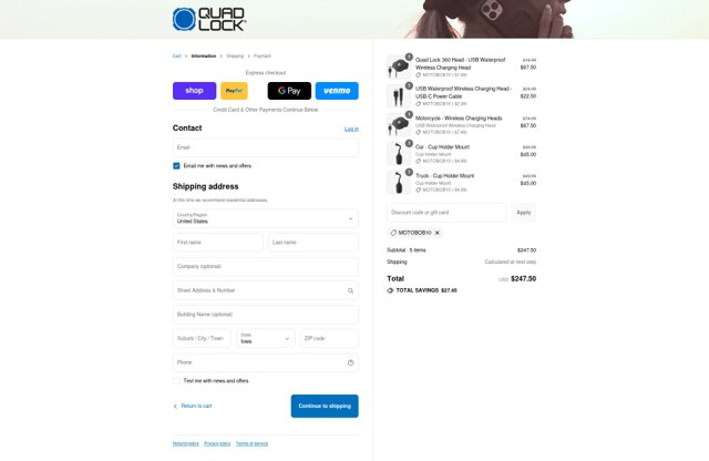 Quad Lock checkout page showing Quad Lock discount code box | Screenshot taken by SimplyCodes community member on Sep 4, 2025