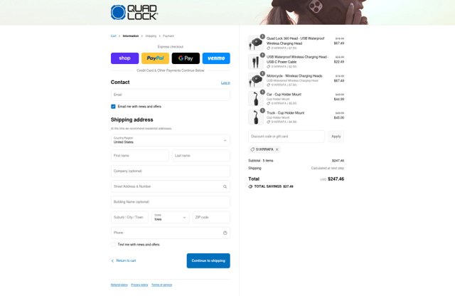 Quad Lock checkout page showing Quad Lock discount code box | Screenshot taken by SimplyCodes community member on Sep 4, 2025