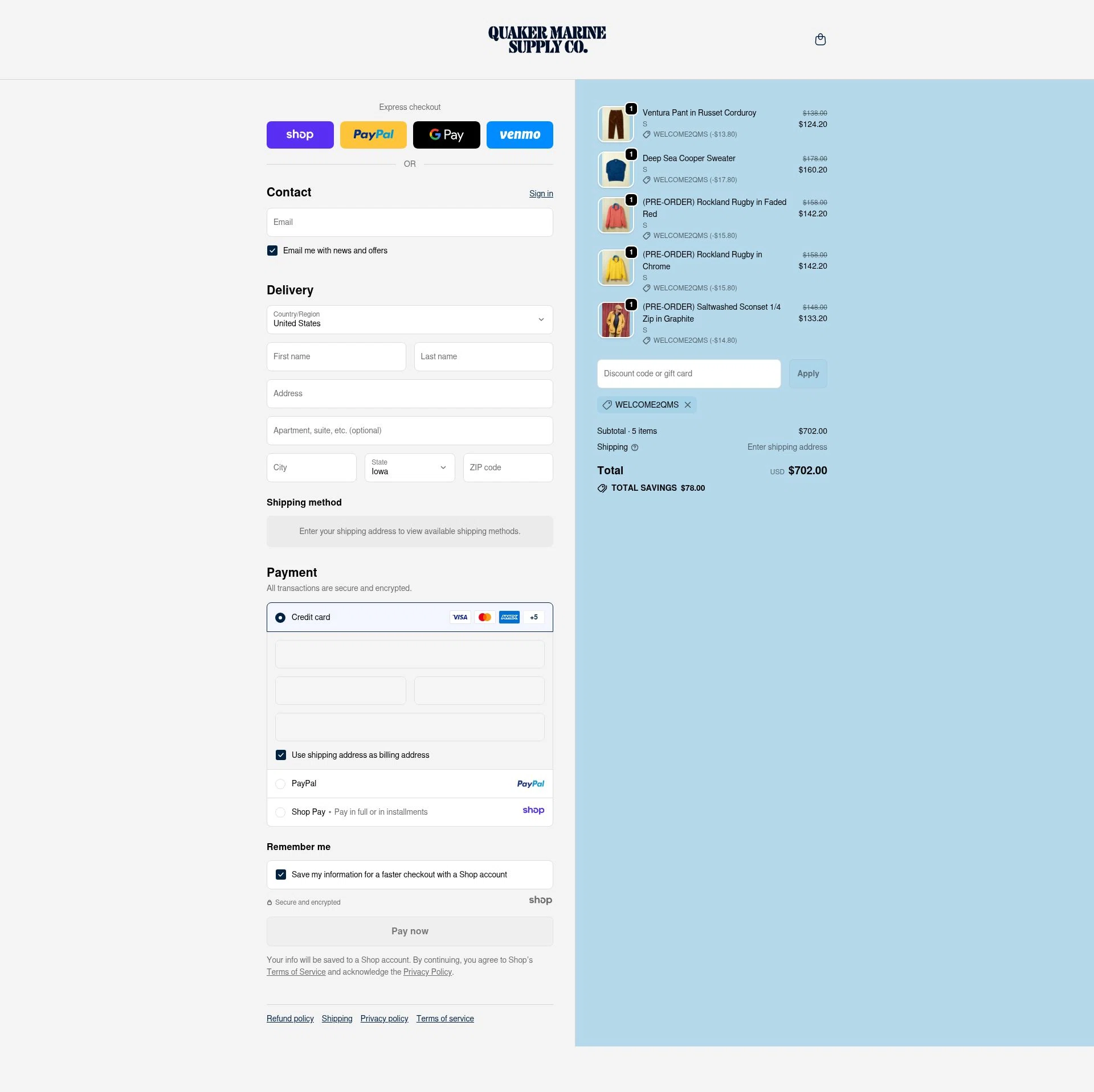 Quaker Marine Supply Co checkout page showing Quaker Marine Supply Co promo code box | Screenshot taken by SimplyCodes community member on Nov 23, 2025