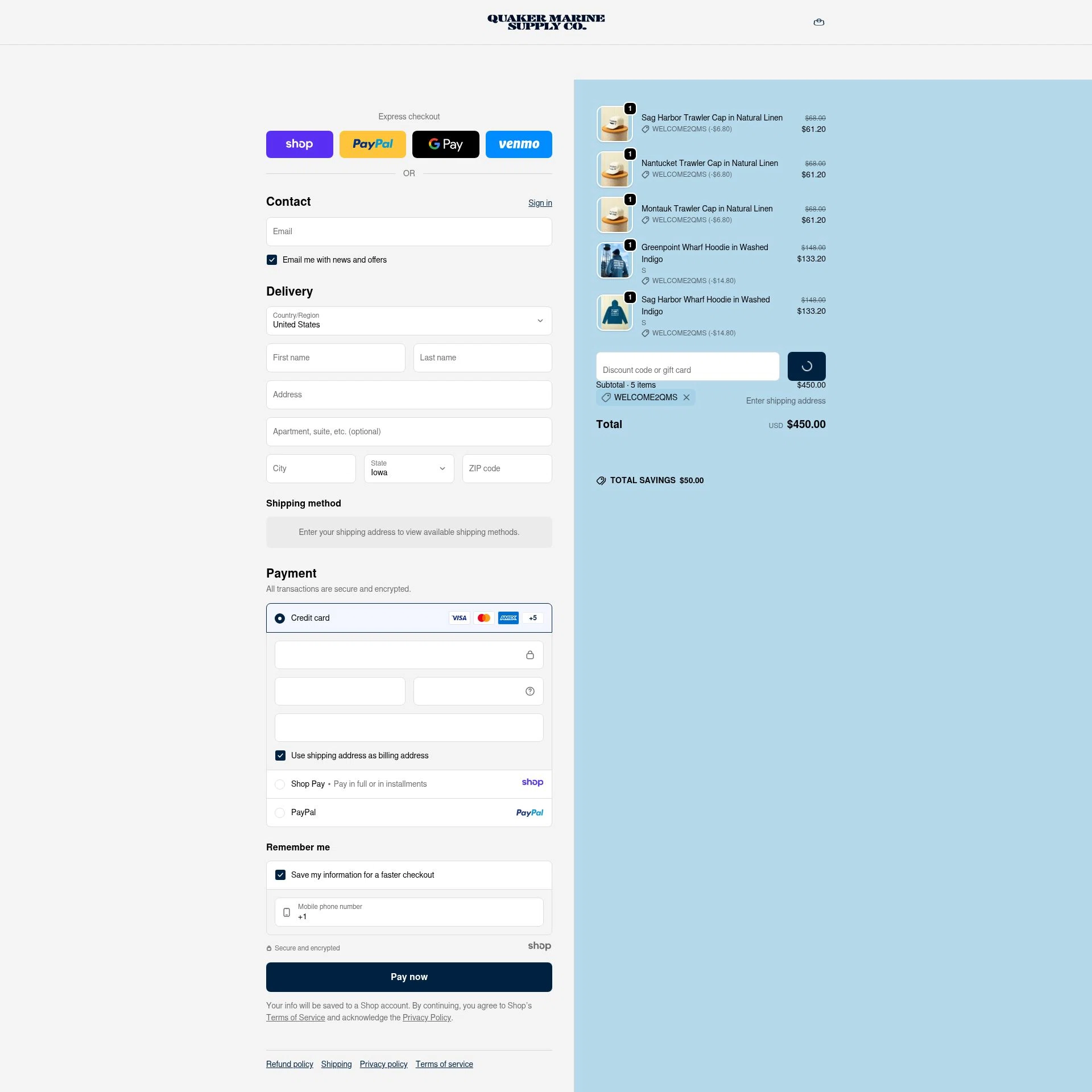 Quaker Marine Supply Co checkout page showing Quaker Marine Supply Co promo code box | Screenshot taken by SimplyCodes community member on Dec 22, 2025