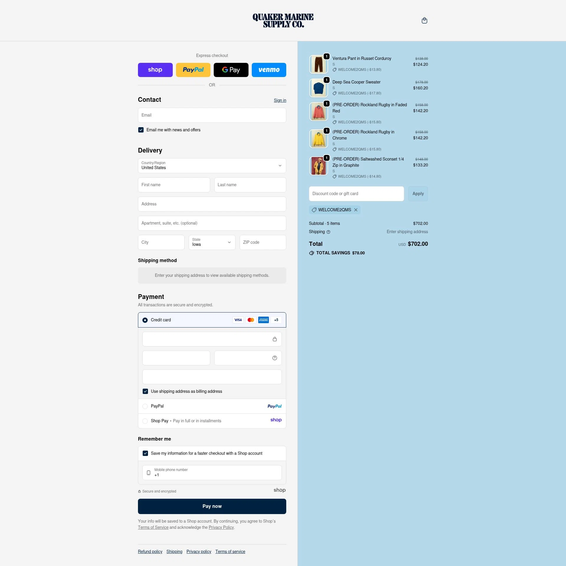 Quaker Marine Supply Co checkout page showing Quaker Marine Supply Co promo code box | Screenshot taken by SimplyCodes community member on Nov 18, 2025