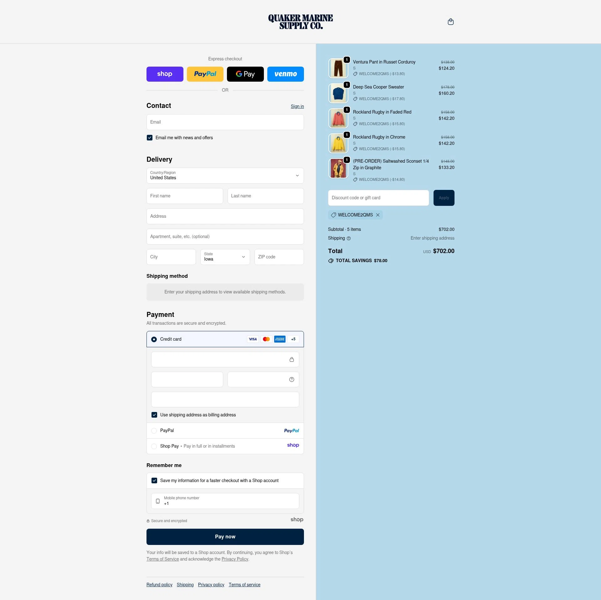 Quaker Marine Supply Co checkout page showing Quaker Marine Supply Co promo code box | Screenshot taken by SimplyCodes community member on Dec 9, 2025