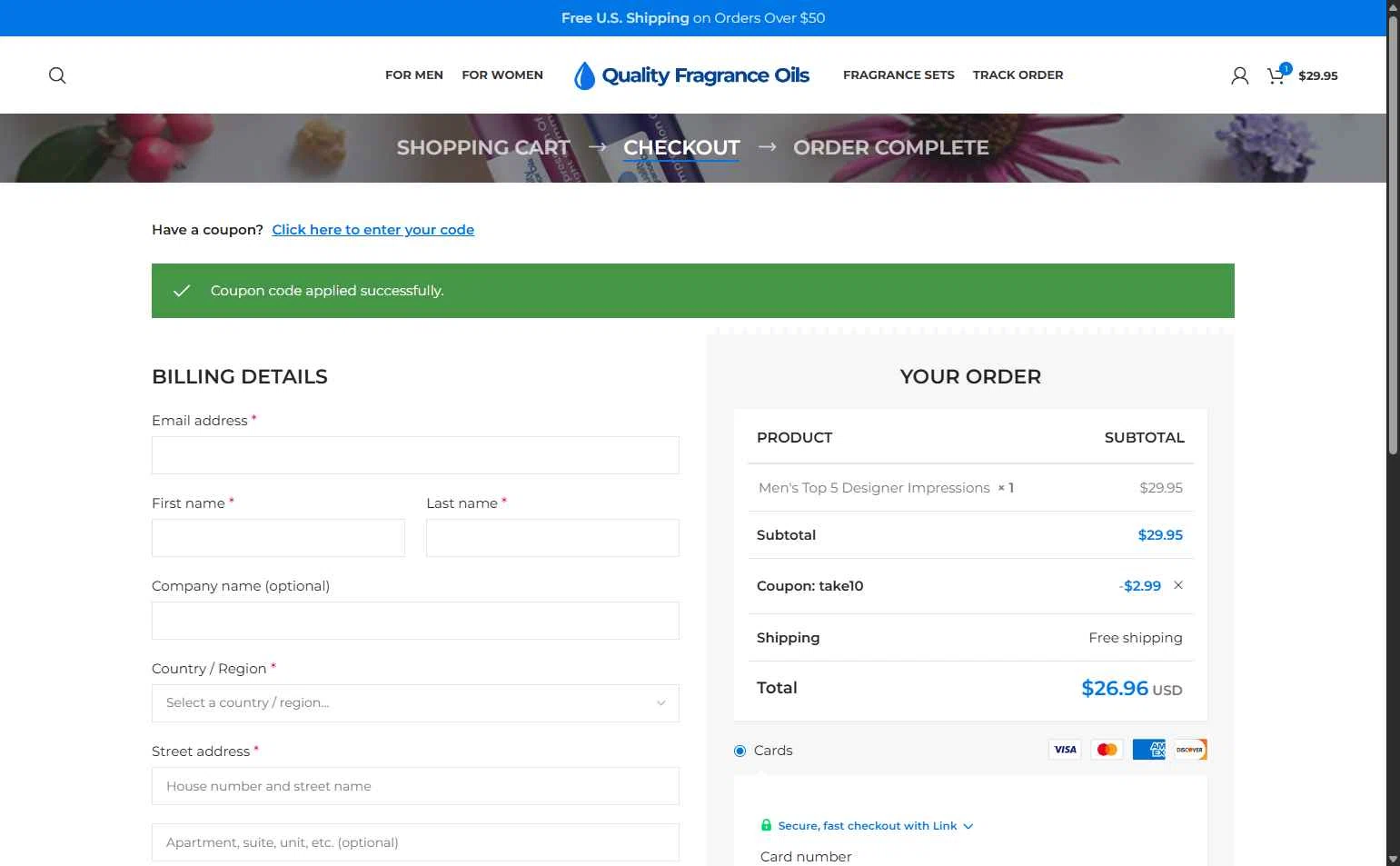 Quality Fragrance Oils checkout page showing Quality Fragrance Oils coupon code box | Screenshot taken by SimplyCodes community member on Dec 7, 2025