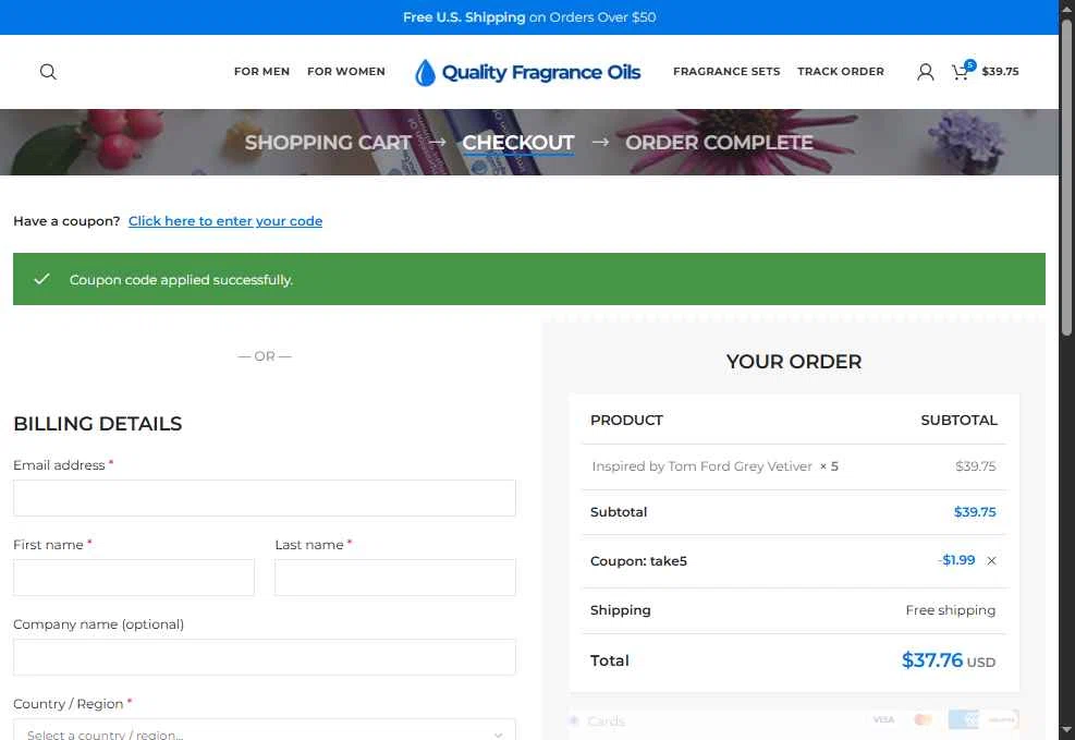 Quality Fragrance Oils checkout page showing Quality Fragrance Oils coupon code box | Screenshot taken by SimplyCodes community member on Dec 28, 2025