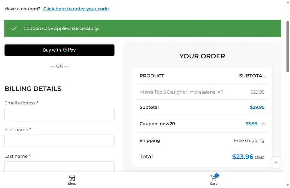 Quality Fragrance Oils checkout page showing Quality Fragrance Oils coupon code box | Screenshot taken by SimplyCodes community member on Oct 20, 2025