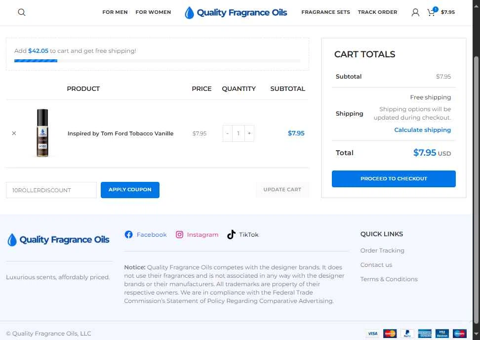 Quality Fragrance Oils checkout page showing Quality Fragrance Oils coupon code box | Screenshot taken by SimplyCodes community member on Oct 25, 2025