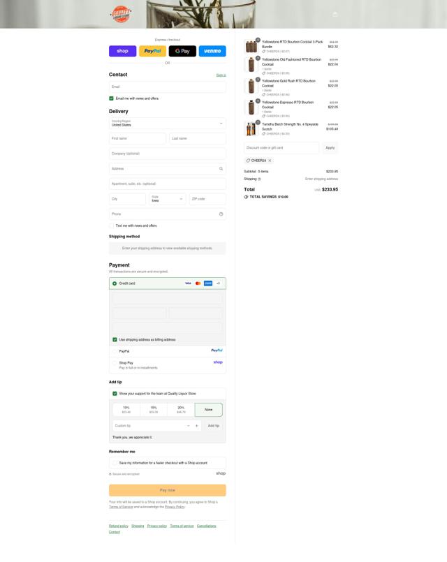 Quality Liquor Store checkout page showing Quality Liquor Store promo code box | Screenshot taken by SimplyCodes community member on Sep 12, 2025