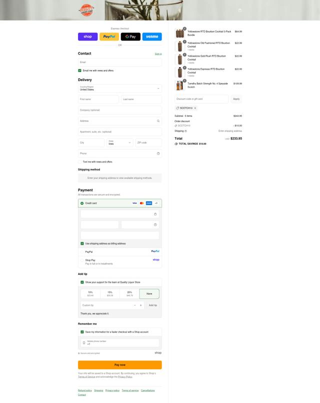 Quality Liquor Store checkout page showing Quality Liquor Store promo code box | Screenshot taken by SimplyCodes community member on Sep 12, 2025