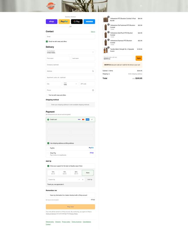 Quality Liquor Store checkout page showing Quality Liquor Store promo code box | Screenshot taken by SimplyCodes community member on Sep 12, 2025