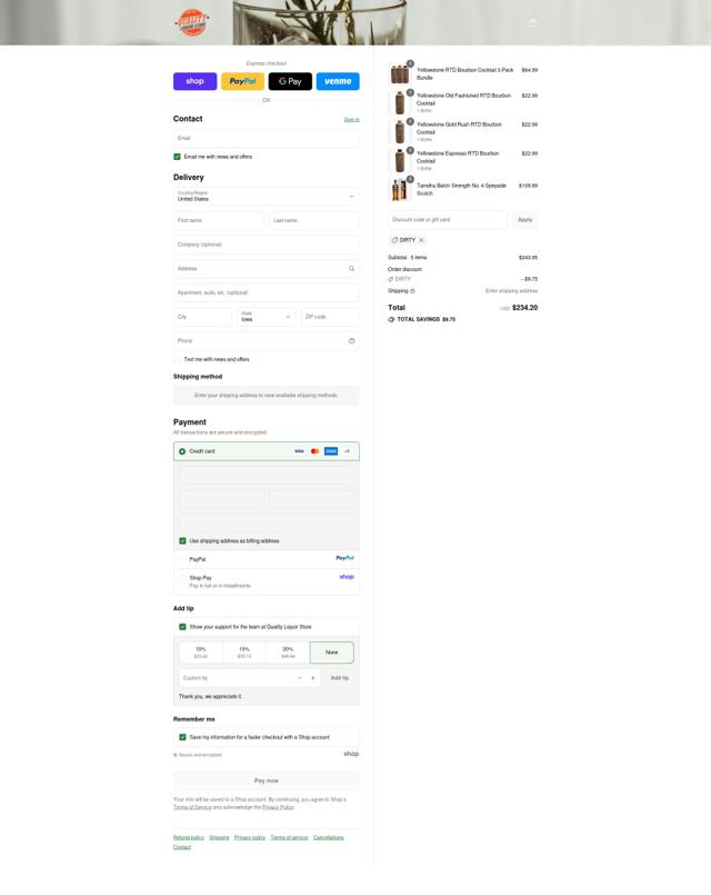 Quality Liquor Store checkout page showing Quality Liquor Store promo code box | Screenshot taken by SimplyCodes community member on Sep 12, 2025