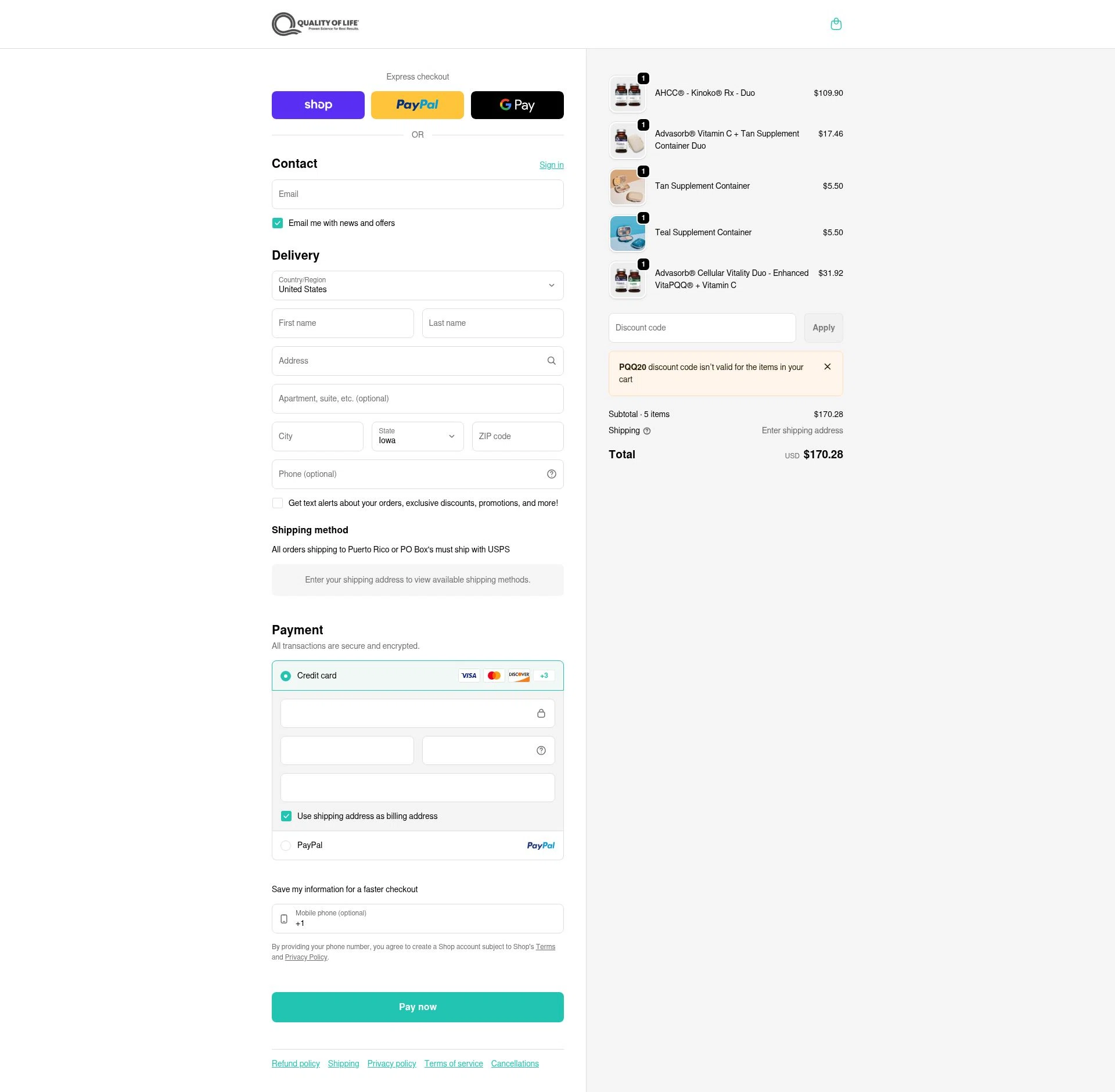 Quality of Life checkout page showing Quality of Life discount code box | Screenshot taken by SimplyCodes community member on Feb 12, 2026
