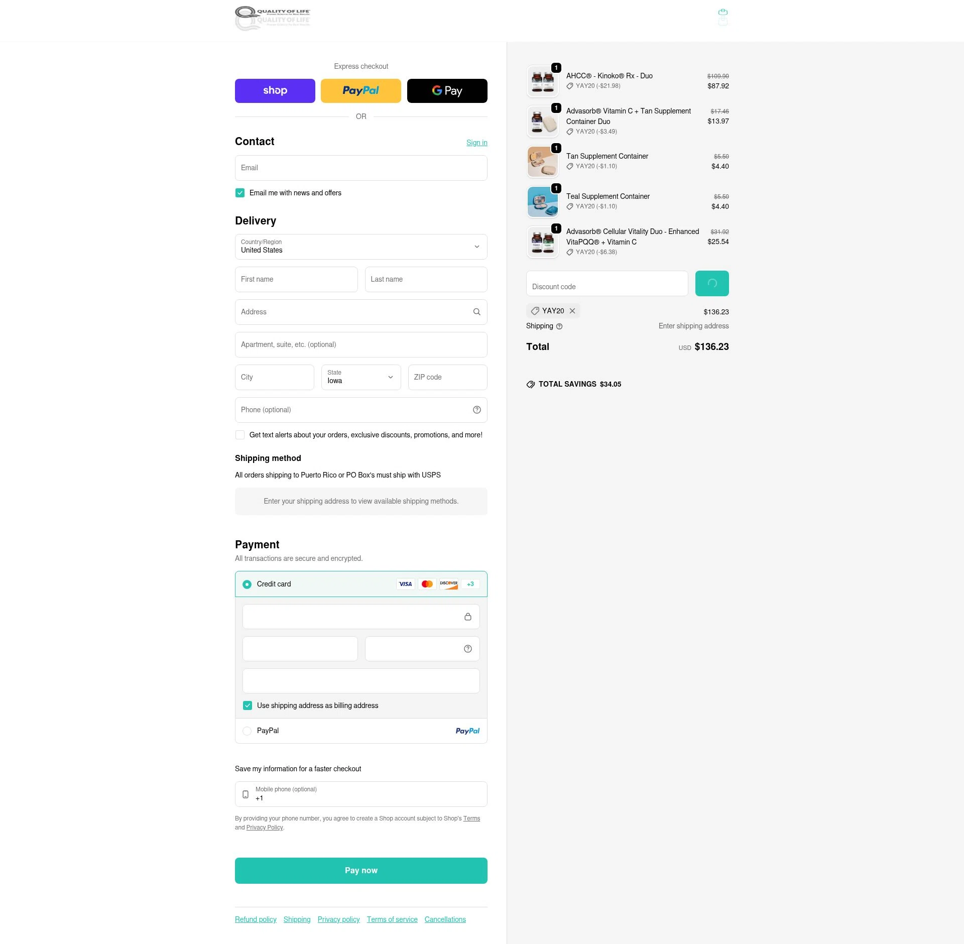 Quality of Life checkout page showing Quality of Life discount code box | Screenshot taken by SimplyCodes community member on Feb 12, 2026