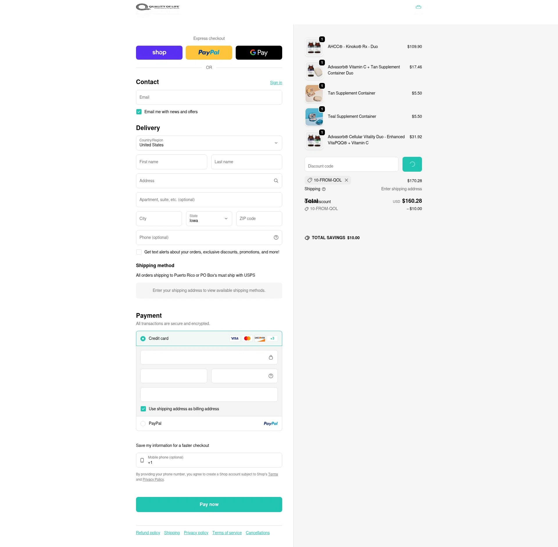 Quality of Life checkout page showing Quality of Life discount code box | Screenshot taken by SimplyCodes community member on Feb 12, 2026