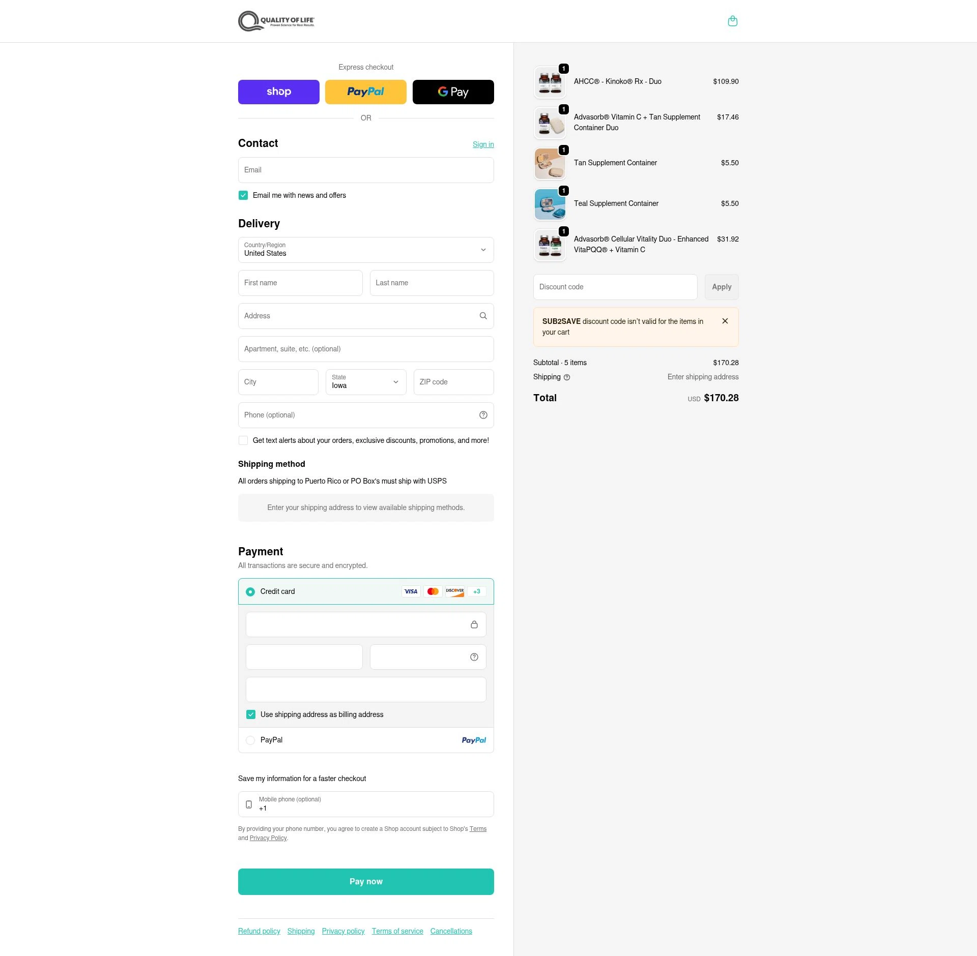 Quality of Life checkout page showing Quality of Life discount code box | Screenshot taken by SimplyCodes community member on Feb 12, 2026