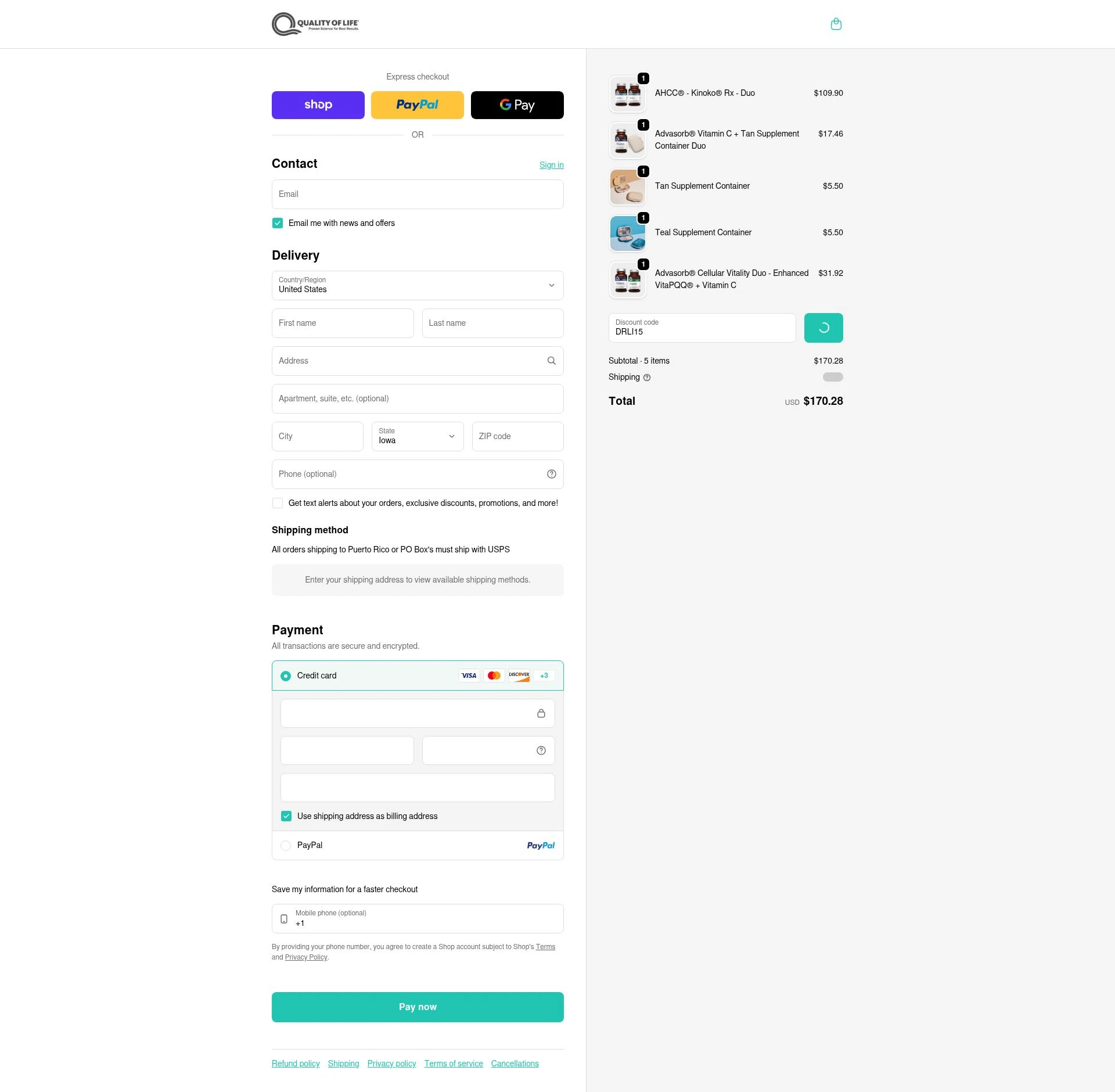 Quality of Life checkout page showing Quality of Life discount code box | Screenshot taken by SimplyCodes community member on Feb 12, 2026